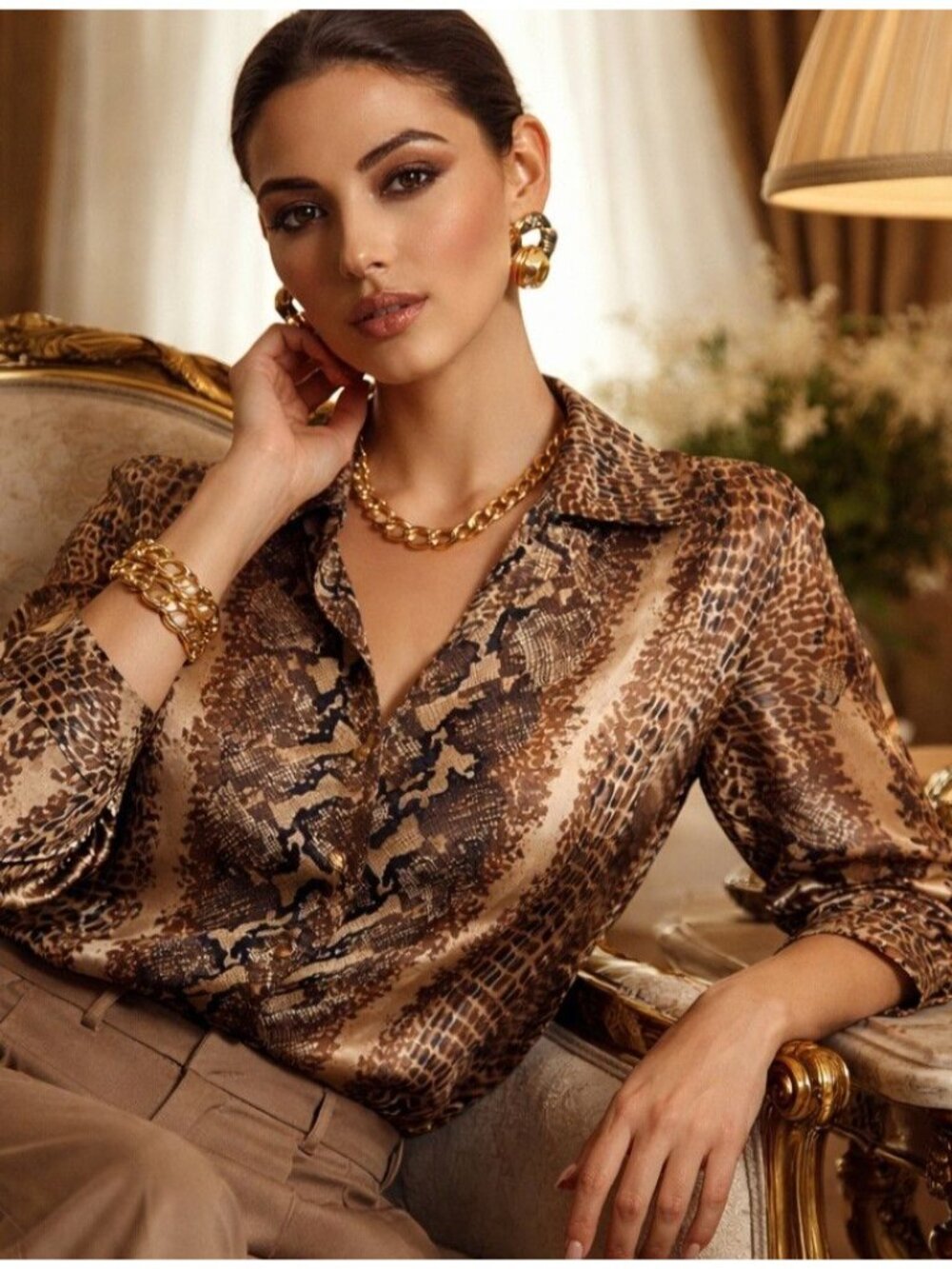 Allison Taylor Petite 100% Silk Blouse Animal Print Python Leopard PM - Picture 2 of 13